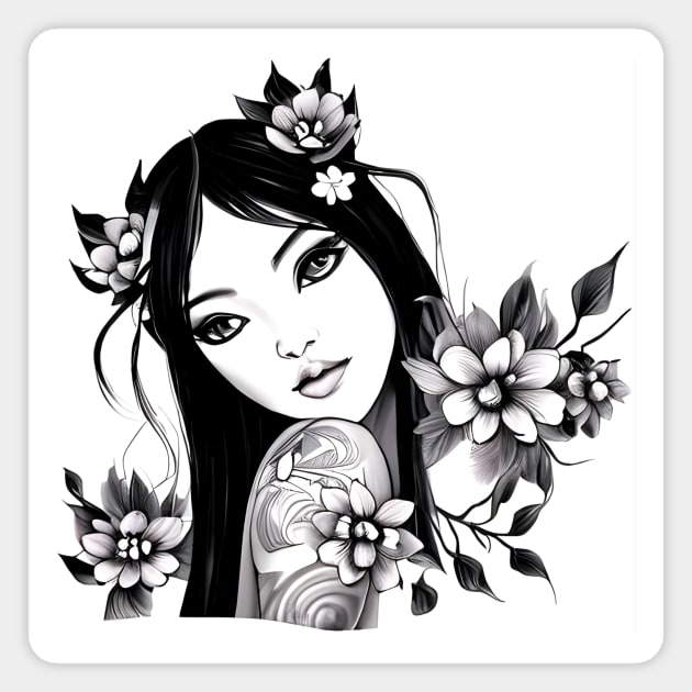 Beautiful Asian Girl Tattoo Art Magnet by animegirlnft